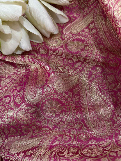 Pink Banarasi Silk Soft Brocade Flower Design Fabric ( 1 Mtr ) - Luxurion World