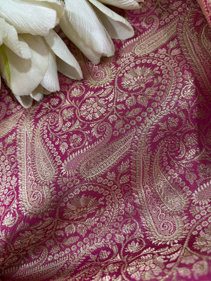 Pink Banarasi Silk Soft Brocade Flower Design Fabric ( 1 Mtr ) - Luxurion World