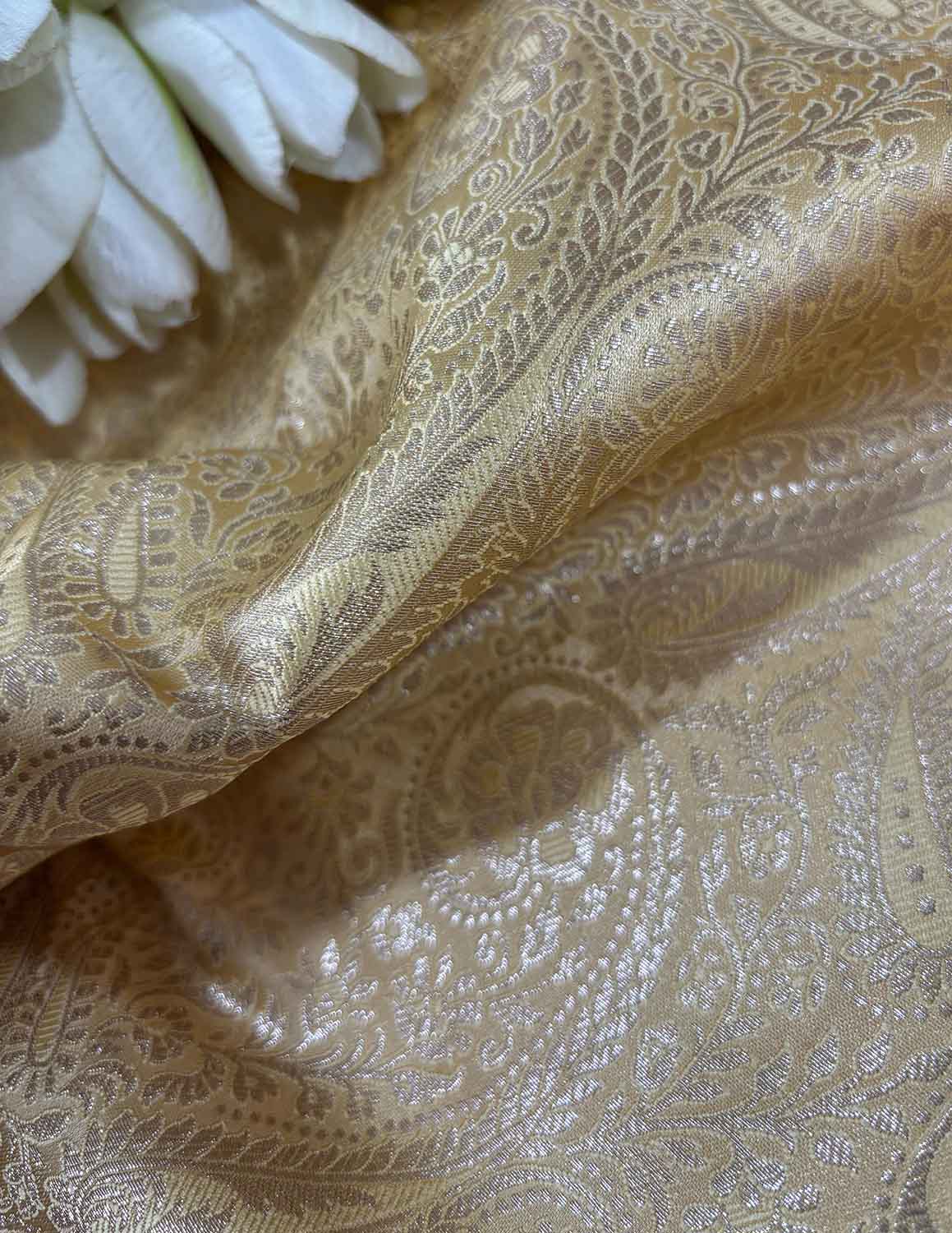 Golden Banarasi Silk Soft Brocade Flower Design Fabric ( 1 Mtr ) - Luxurion World