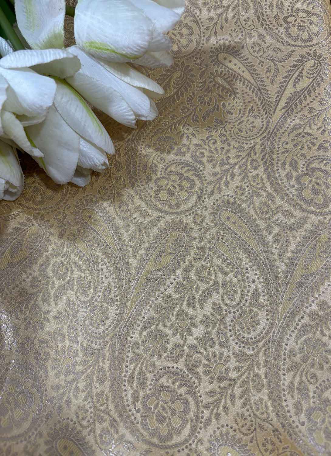 Golden Banarasi Silk Soft Brocade Flower Design Fabric ( 1 Mtr ) - Luxurion World