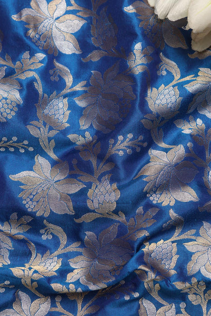 Blue Banarasi Pure Katan Silk Sona Roopa Flower Design Fabric ( 1 Mtr ) - Luxurion World