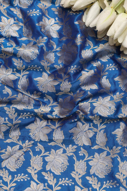 Blue Banarasi Pure Katan Silk Sona Roopa Flower Design Fabric ( 1 Mtr ) - Luxurion World