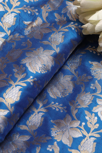 Blue Banarasi Pure Katan Silk Sona Roopa Flower Design Fabric ( 1 Mtr ) - Luxurion World