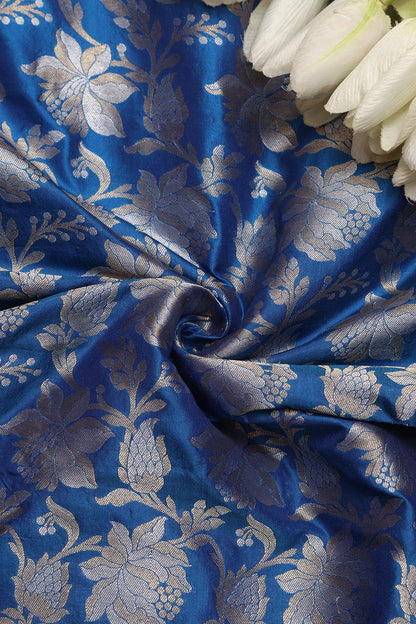 Blue Banarasi Pure Katan Silk Sona Roopa Flower Design Fabric ( 1 Mtr ) - Luxurion World
