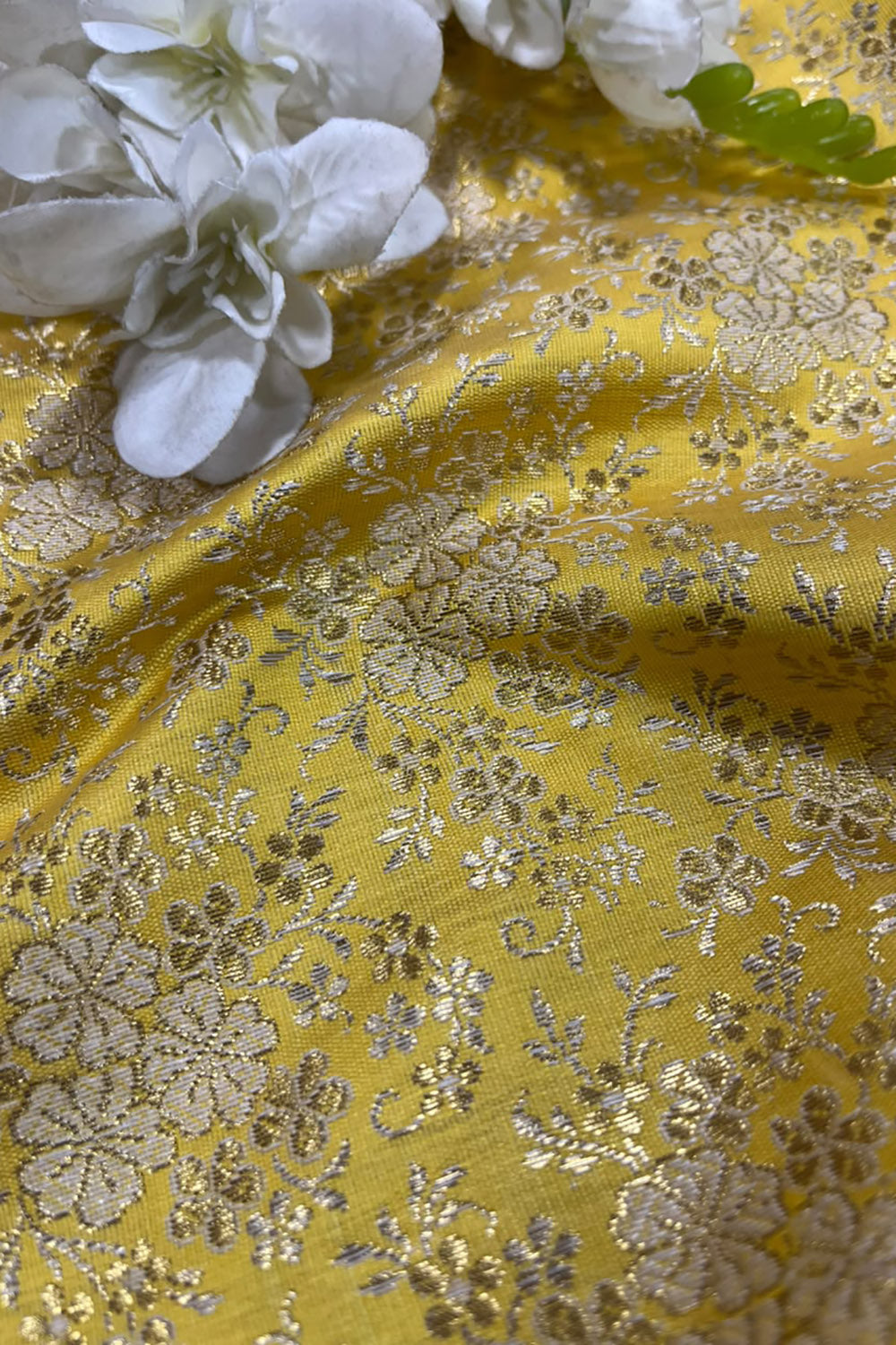 Yellow Banarasi Silk Brocade Flower Design Fabric