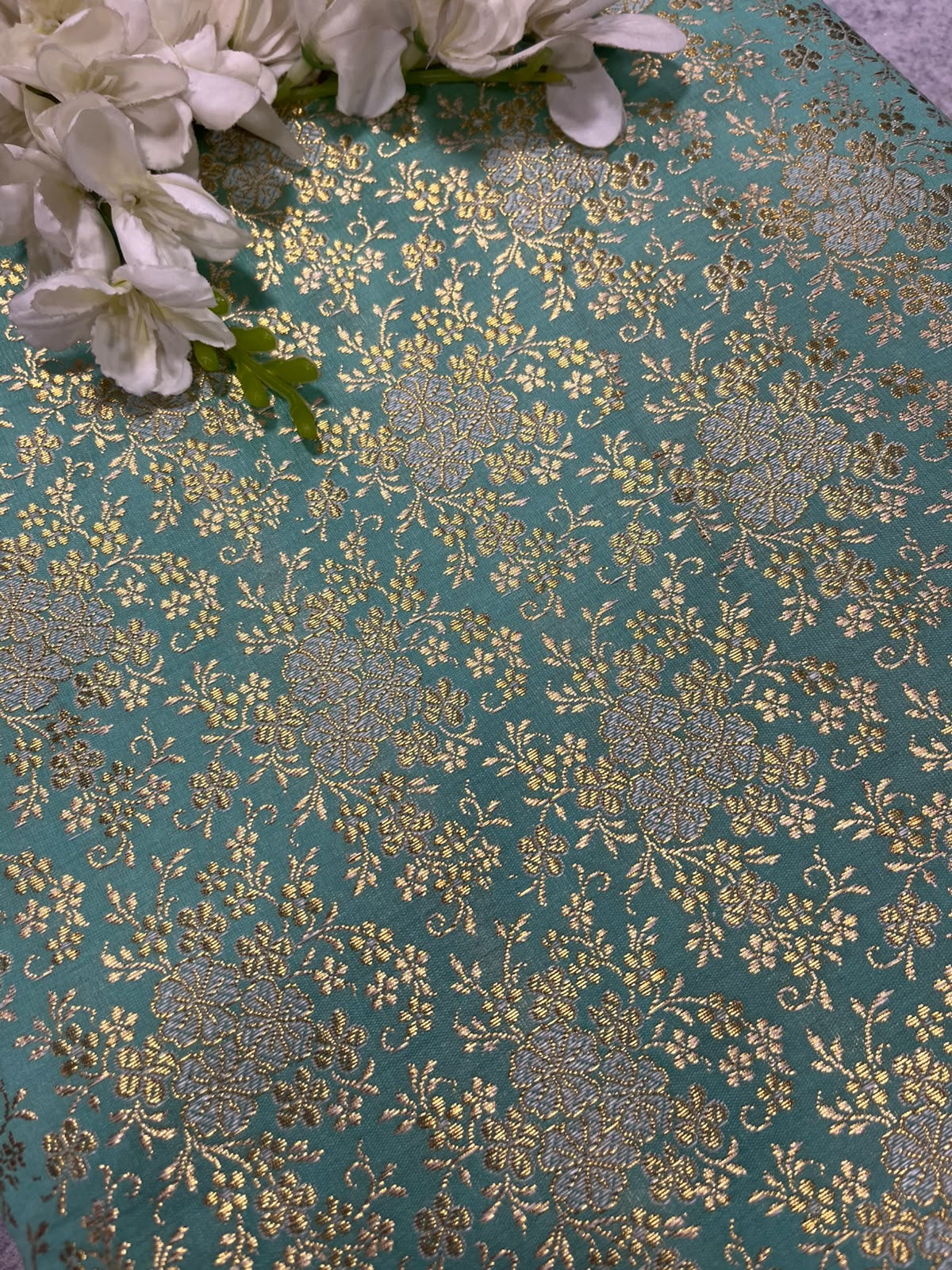 Blue Banarasi Silk Brocade Fabric Flower Design ( 1 Mtr )