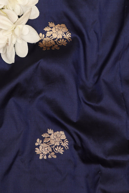 Blue Banarasi Handloom Pure Katan Silk Fabric ( 1 Mtr  ) - Luxurion World