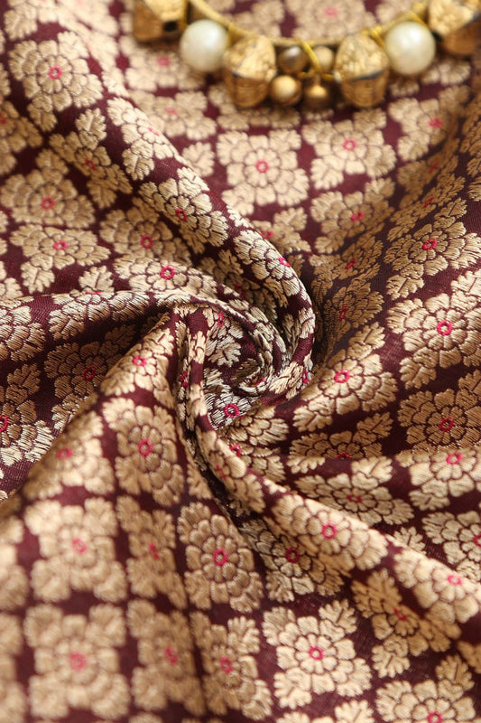 Maroon Banarasi Handloom Pure Katan Silk Fabric ( 1 Mtr ) - Luxurion World