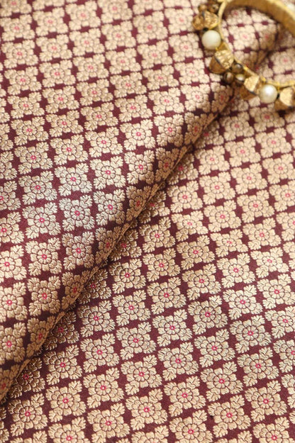 Maroon Banarasi Handloom Pure Katan Silk Fabric ( 1 Mtr ) - Luxurion World