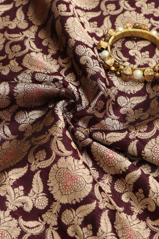 Exquisite Maroon Banarasi Handloom Katan Silk Fabric ( 1 Mtr ) - Luxurion World