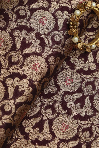Exquisite Maroon Banarasi Handloom Katan Silk Fabric ( 1 Mtr ) - Luxurion World