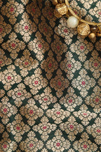 Green Banarasi Handloom Pure Katan Silk Fabric ( 1 Mtr ) - Luxurion World
