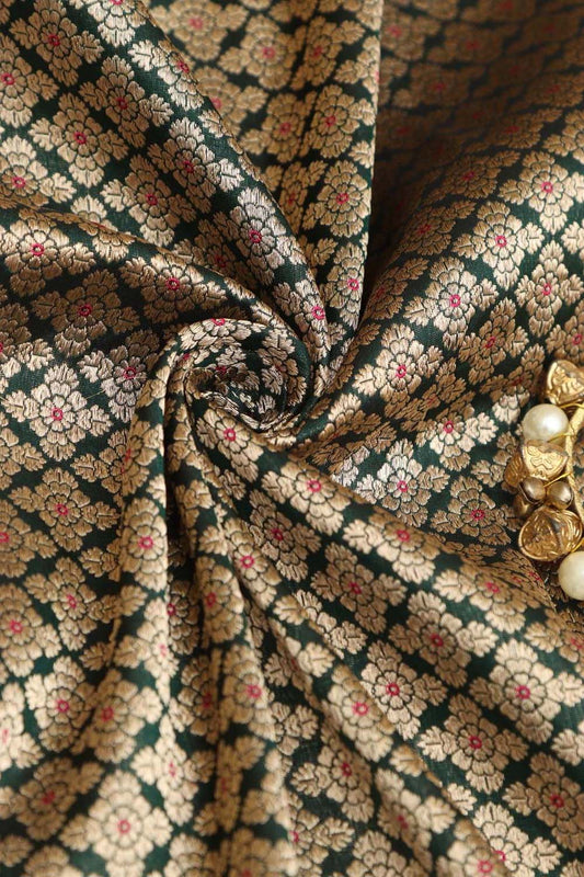 Green Banarasi Handloom Pure Katan Silk Fabric ( 1 Mtr ) - Luxurion World