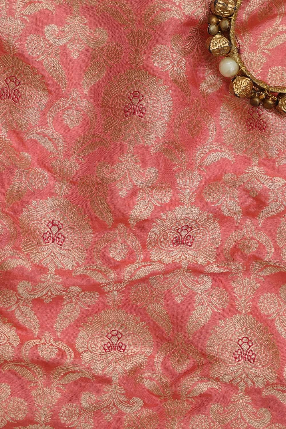 Exquisite Pink Banarasi Handloom Katan Silk Fabric ( 1 Mtr ) - Luxurion World