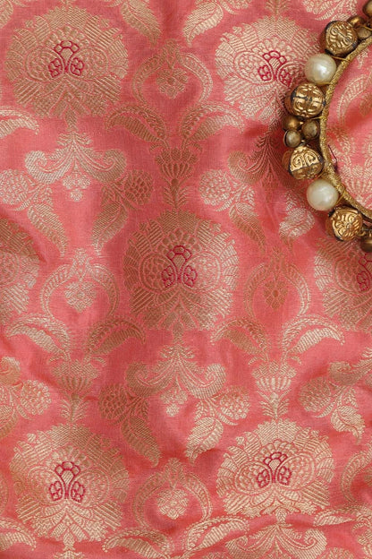 Exquisite Pink Banarasi Handloom Katan Silk Fabric ( 1 Mtr ) - Luxurion World