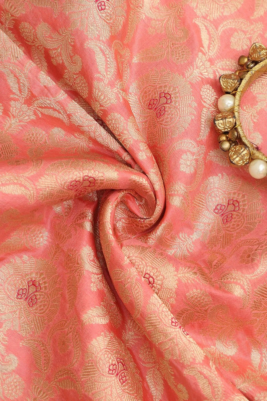 Exquisite Pink Banarasi Handloom Katan Silk Fabric ( 1 Mtr ) - Luxurion World