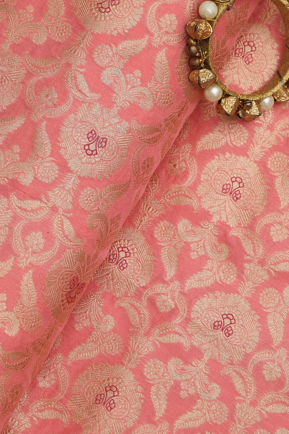 Exquisite Pink Banarasi Handloom Katan Silk Fabric ( 1 Mtr ) - Luxurion World