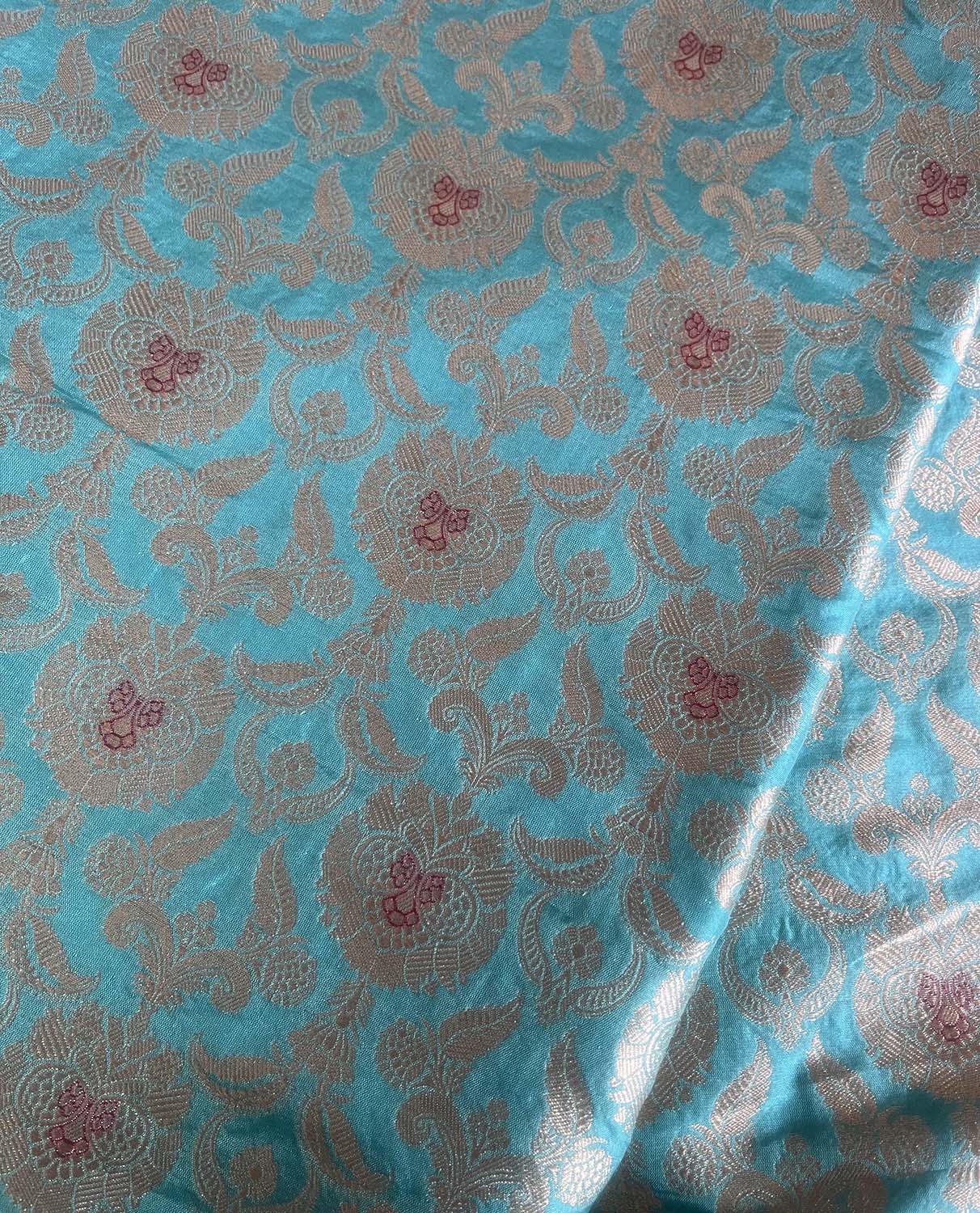 Blue Banarasi Pure Katan Silk Fabric - Luxurious Elegance ( 1 Mtr ) - Luxurion World
