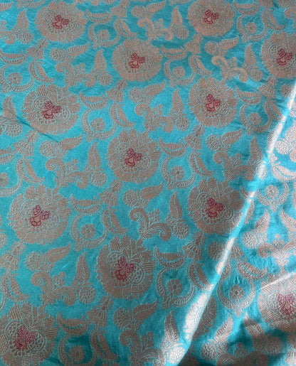 Blue Banarasi Pure Katan Silk Fabric - Luxurious Elegance ( 1 Mtr ) - Luxurion World