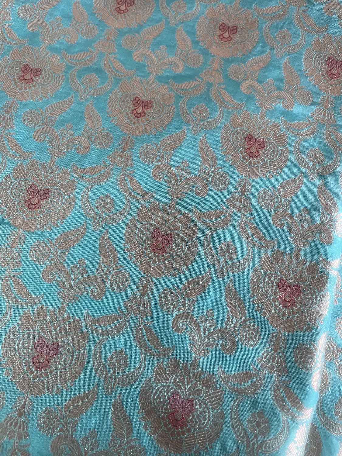 Blue Banarasi Pure Katan Silk Fabric - Luxurious Elegance ( 1 Mtr ) - Luxurion World