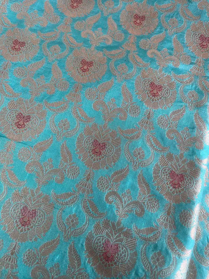 Blue Banarasi Pure Katan Silk Fabric - Luxurious Elegance ( 1 Mtr ) - Luxurion World