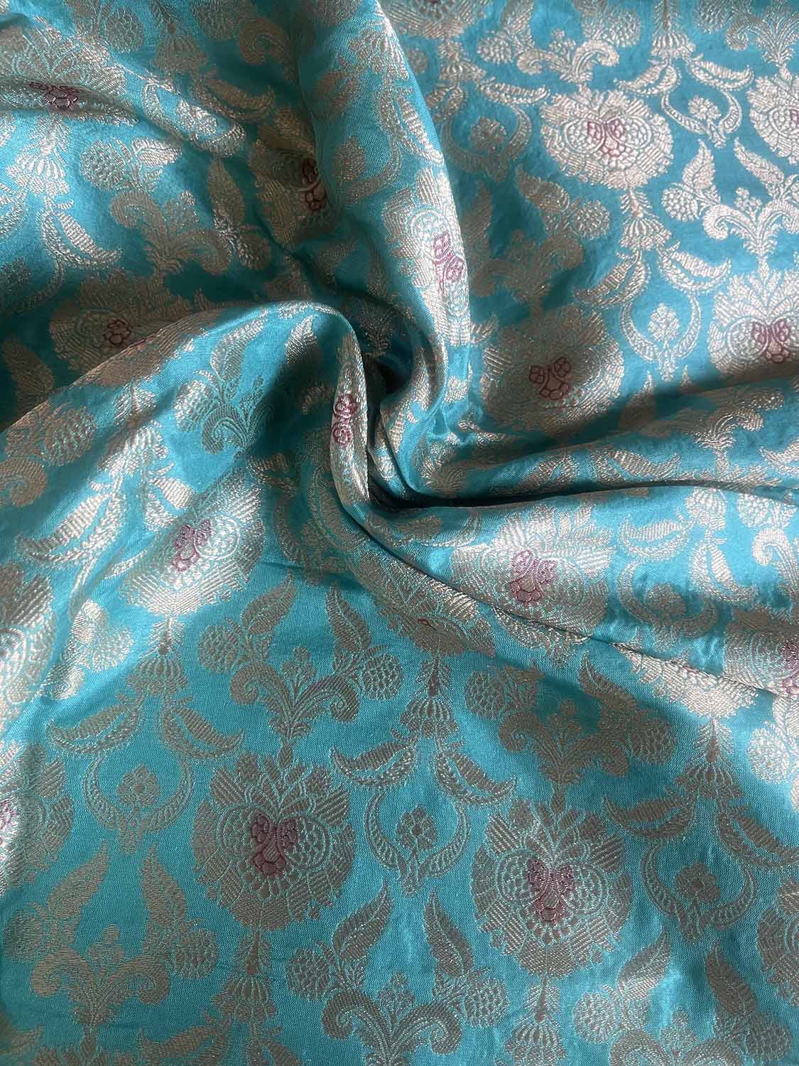 Blue Banarasi Pure Katan Silk Fabric - Luxurious Elegance ( 1 Mtr ) - Luxurion World