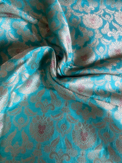 Blue Banarasi Pure Katan Silk Fabric - Luxurious Elegance ( 1 Mtr ) - Luxurion World