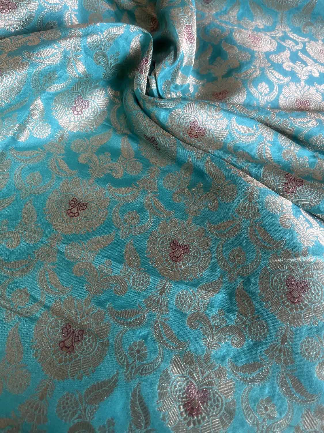Blue Banarasi Pure Katan Silk Fabric - Luxurious Elegance ( 1 Mtr ) - Luxurion World