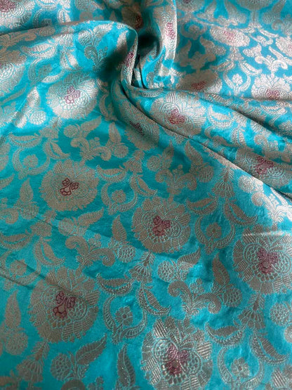 Blue Banarasi Pure Katan Silk Fabric - Luxurious Elegance ( 1 Mtr ) - Luxurion World