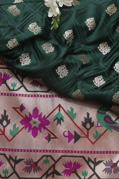 Green Banarasi Silk Big Border Fabric ( 1 Mtr ) - Luxurion World