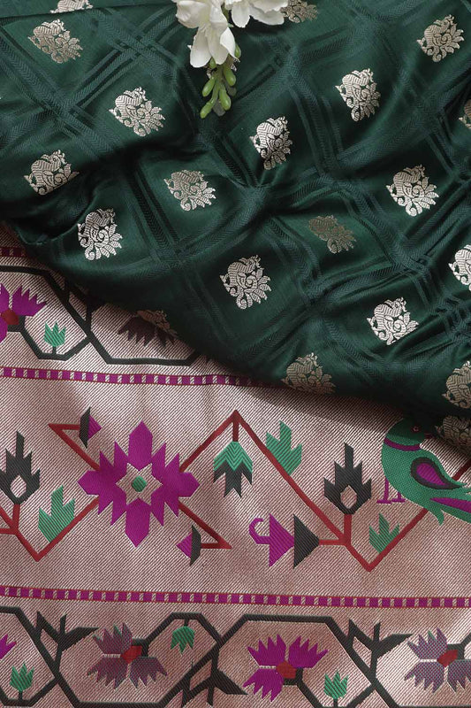 Green Banarasi Silk Big Border Fabric ( 1 Mtr ) - Luxurion World