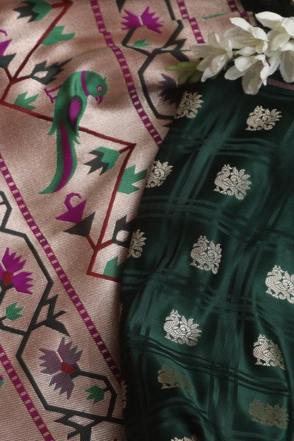 Green Banarasi Silk Big Border Fabric ( 1 Mtr ) - Luxurion World