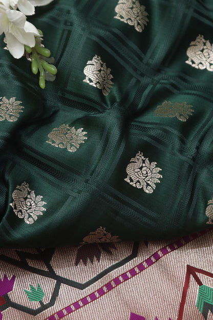 Green Banarasi Silk Big Border Fabric ( 1 Mtr ) - Luxurion World