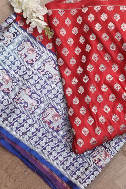 Red Banarasi Silk Big Border Fabric ( 1 Mtr ) - Luxurion World