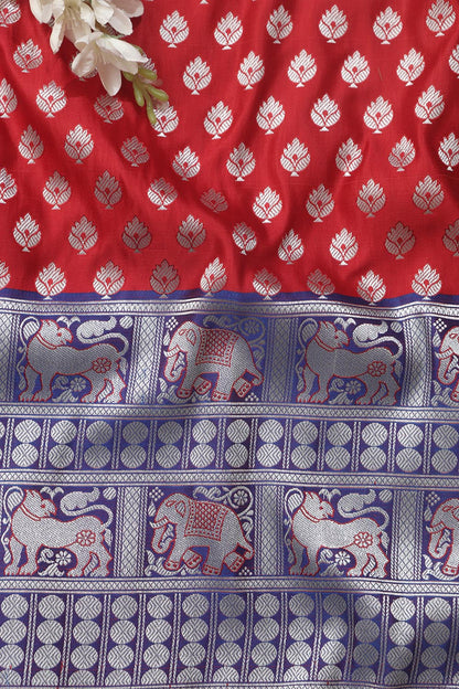 Red Banarasi Silk Big Border Fabric ( 1 Mtr ) - Luxurion World