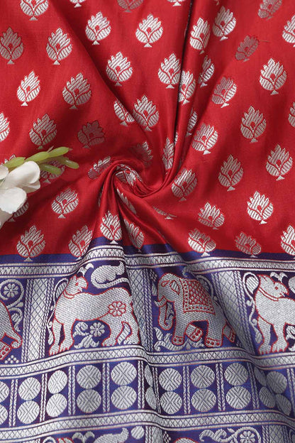 Red Banarasi Silk Big Border Fabric ( 1 Mtr ) - Luxurion World