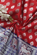 Red Banarasi Silk Big Border Fabric ( 1 Mtr ) - Luxurion World