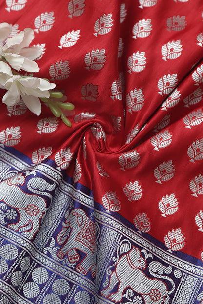 Red Banarasi Silk Big Border Fabric ( 1 Mtr ) - Luxurion World
