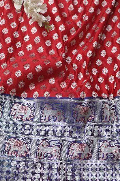 Red Banarasi Silk Big Border Fabric ( 1 Mtr ) - Luxurion World