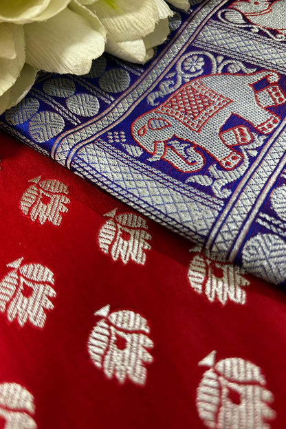 Red Banarasi Silk Big Border Fabric ( 1 Mtr ) - Luxurion World