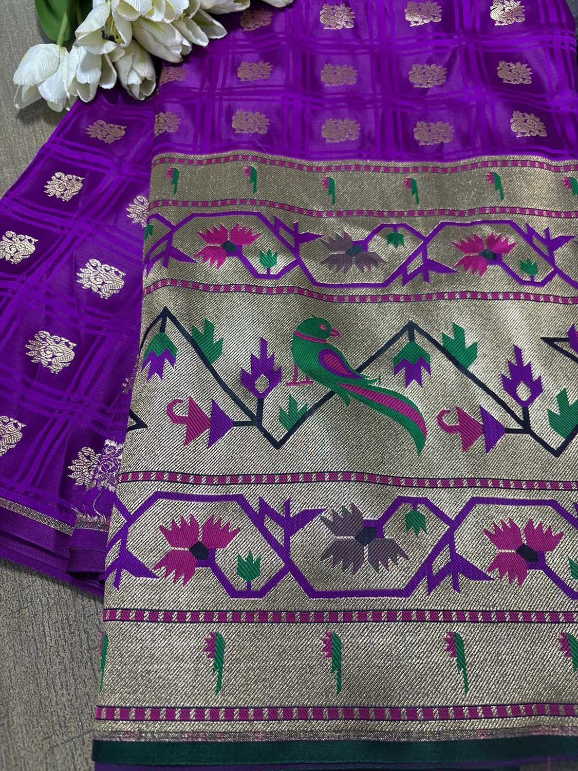 Exquisite Purple Banarasi Silk Big Border Fabric ( 0.75 Mtr ) - Luxurion World