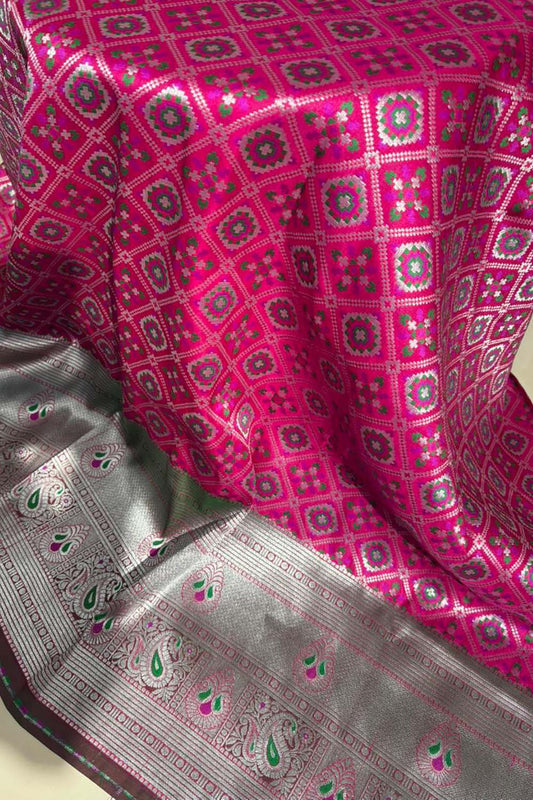 Stunning Pink Banarasi Silk Big Border Fabric ( 1 Mtr ) - Luxurion World