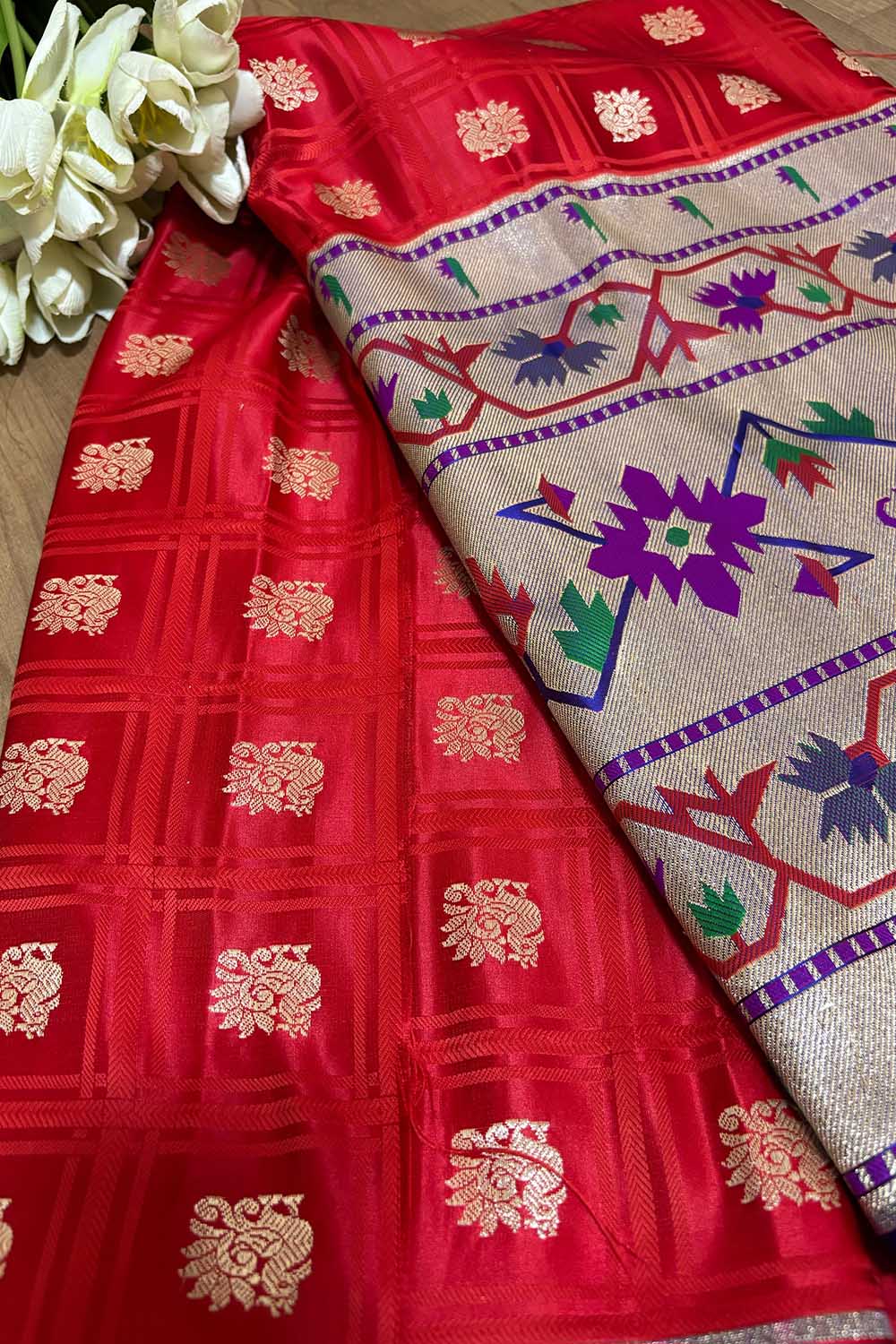 Elegant Red Banarasi Silk Paithani Big Border Fabric ( 1 Mtr ) - Luxurion World