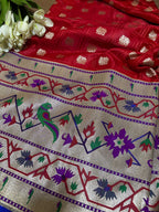 Elegant Red Banarasi Silk Paithani Big Border Fabric ( 1 Mtr ) - Luxurion World