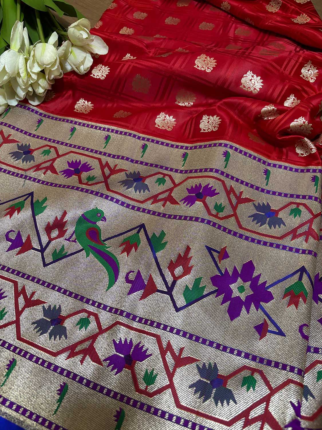 Elegant Red Banarasi Silk Paithani Big Border Fabric ( 1 Mtr ) - Luxurion World