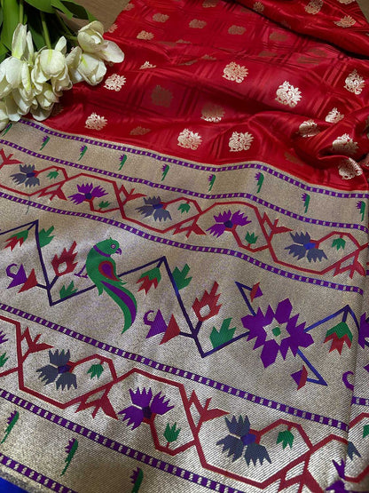 Elegant Red Banarasi Silk Paithani Big Border Fabric ( 1 Mtr ) - Luxurion World