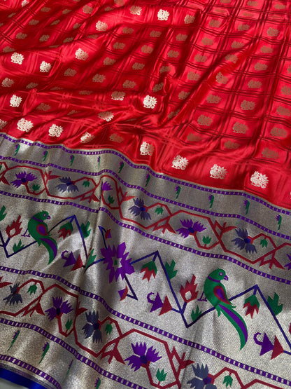 Elegant Red Banarasi Silk Paithani Big Border Fabric ( 1 Mtr ) - Luxurion World