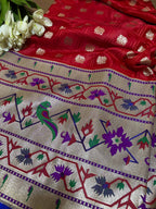 Elegant Red Banarasi Silk Paithani Big Border Fabric ( 1 Mtr ) - Luxurion World