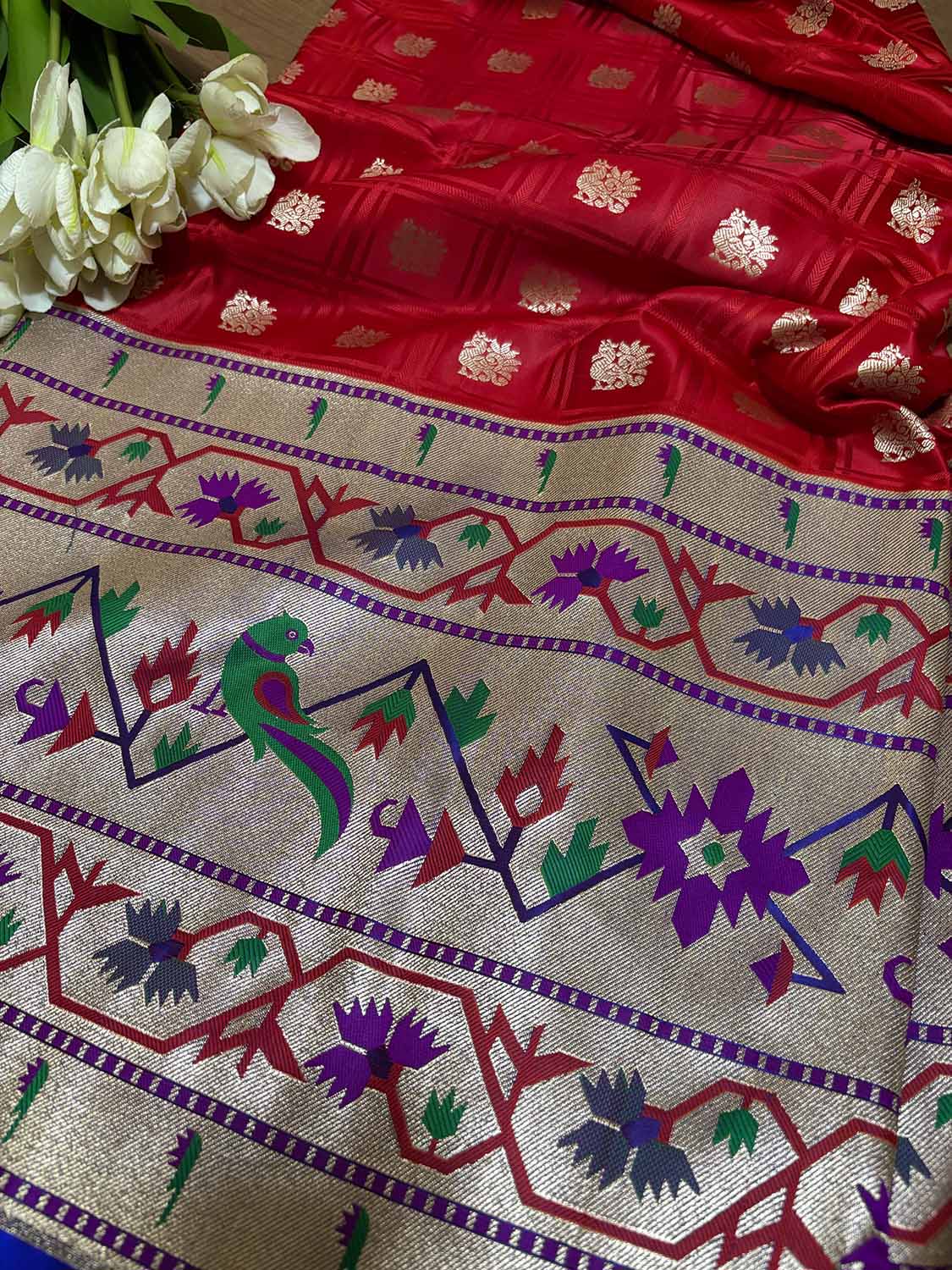 Elegant Red Banarasi Silk Paithani Big Border Fabric ( 1 Mtr ) - Luxurion World