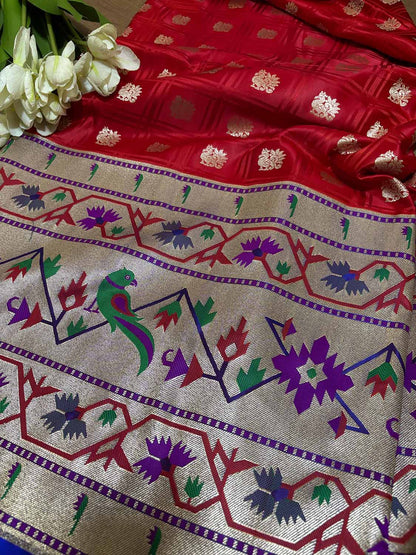 Elegant Red Banarasi Silk Paithani Big Border Fabric ( 1 Mtr ) - Luxurion World